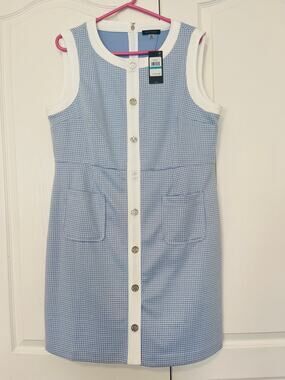 Tommy Hilfiger Mini Houndstooth Light Blue Knit Dress with Logo Buttons Sz 16